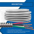 8/3 Metal Clad MC Cable 25ft - 50ft Coil, Metal Clad Type 8 AWG 3 - Cable with Ground Aluminium Armor Stranded Copper Conductor - for Indoor