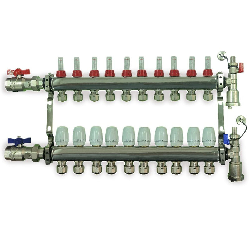 2 - 12 Loop Radiant PEX Plumbing Manifold - 1" 304 Stainless Steel Radiant Floor Heating Manifold - With 2 Wire Actuators