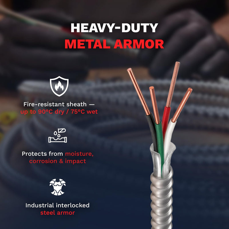 MC Cable 10/3 - Metal Clad 25ft - 50ft - 100ft - 125ft, Coil Aluminium Armor Stranded Copper Conductor - Cable for Indoor