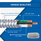 6/2 MC Cable Solid Metal Clad - Type Cable with Ground Wire - Aluminium Armor and Stranded Copper Conductor - Metal Cable for Indoor