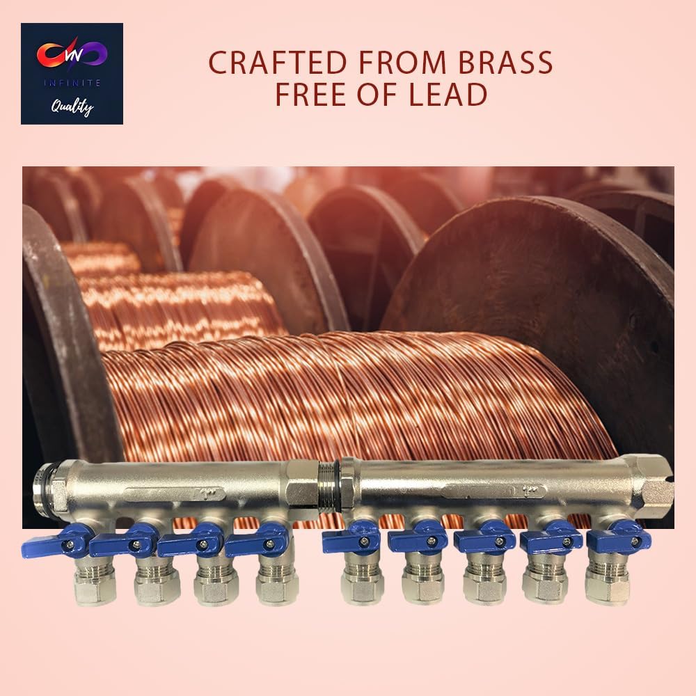 Loops 1/2" Plumbing PEX Manifolds 1" trunk w/ 1/2" Pex Ball Valves - 2 - 6 -Branch Radiant Heat Manifold - PEX Tubing Floor Heating Manifolds - Red or Blue Handles