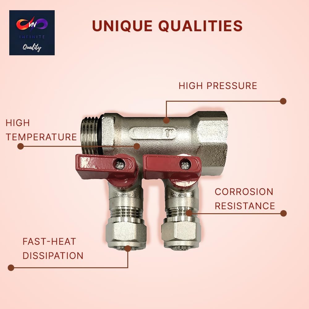Loops 1/2" Plumbing PEX Manifolds 1" trunk w/ 1/2" Pex Ball Valves - 2 - 6 -Branch Radiant Heat Manifold - PEX Tubing Floor Heating Manifolds - Red or Blue Handles