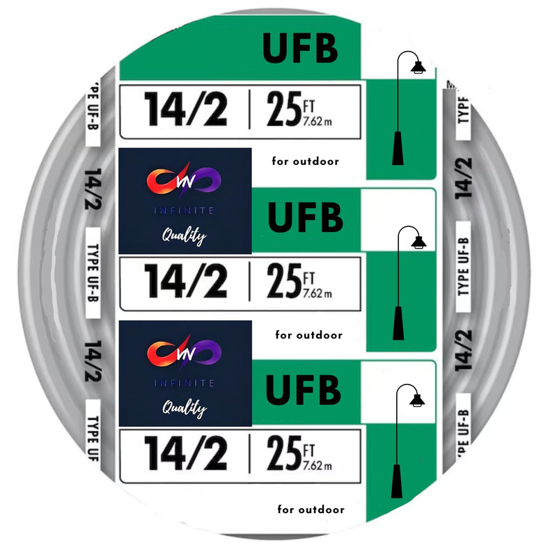 14/2 UF-B Copper Wire 14 Gauge Outdoor Direct Burial Electrical Underground Cable 14AWG 2 Connector Insulated Jacket Gray 25ft-50ft-100ft