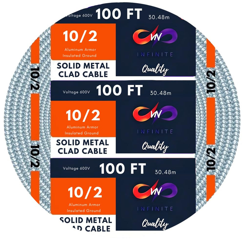 MC Cable 10/2 - Metal Clad 25ft - 50ft - 100ft - 125ft Coil, Aluminium Armor Solid Copper Conductor - Cable for Indoor