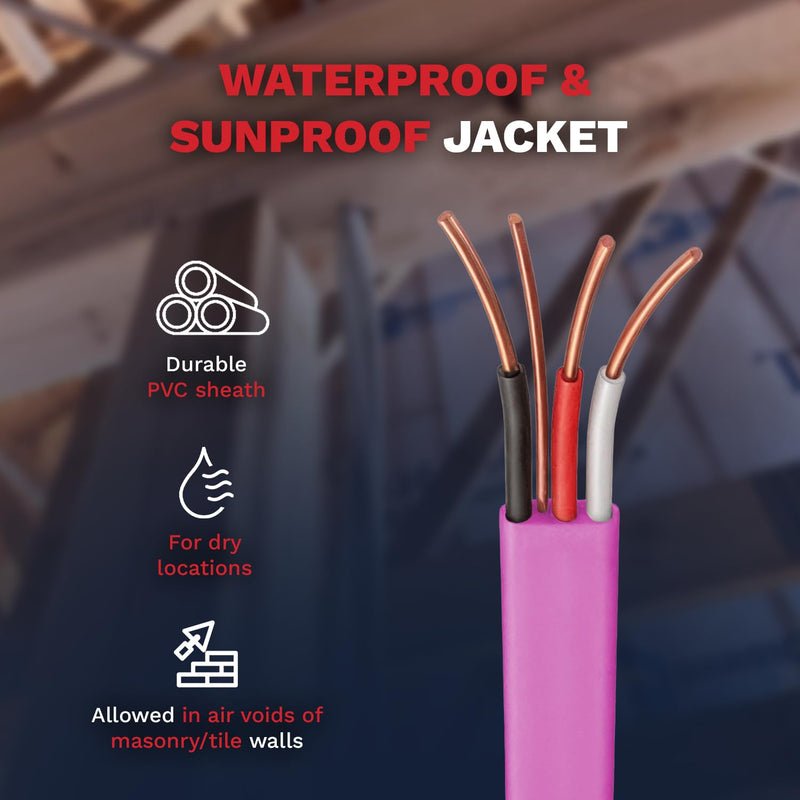 10/3 NM-B Copper Electrical Wire 10 Gauge 25ft - 50ft - 75ft - 100ft Coil, 3 Conductors with Groun Non-Mettalic, Sheathed Cable, Residential Indoor Pink