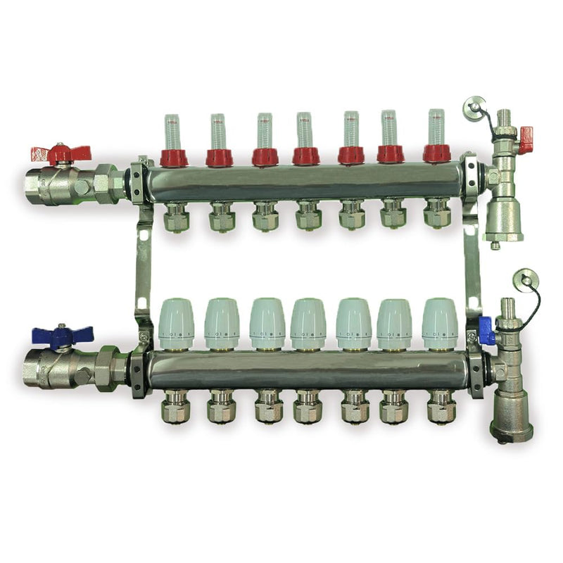 2 - 12 Loop Radiant PEX Plumbing Manifold - 1" 304 Stainless Steel Radiant Floor Heating Manifold - With 2 Wire Actuators