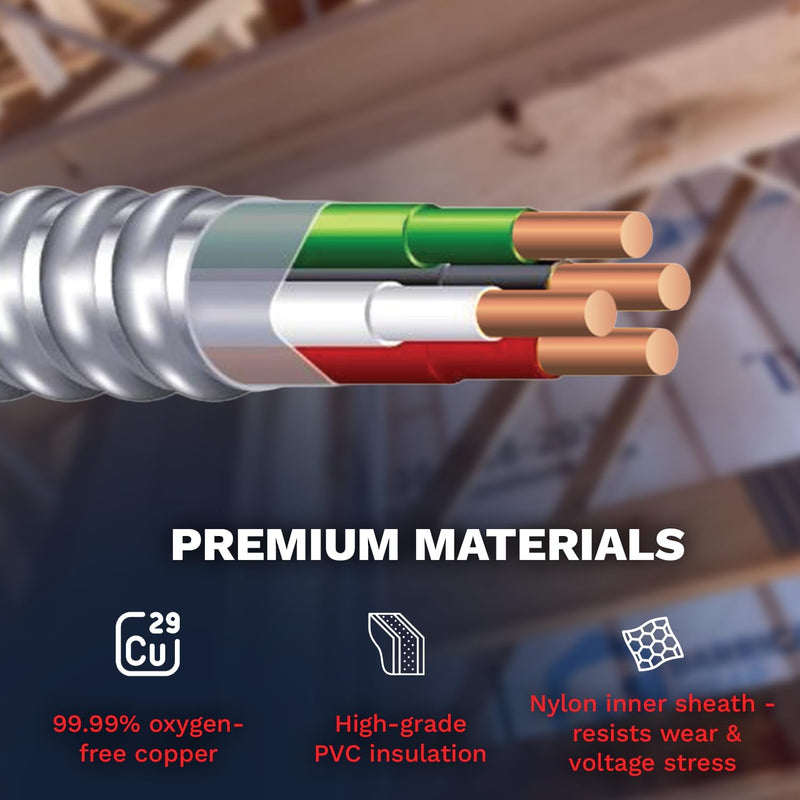 14/3 Metal Clad MC Cable 14-Gauge 3-Conductor Electric Wire with Aluminum Armor Cable with Ground for Indoor Outdoor 250 ft