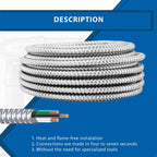 6/2 MC Cable Solid Metal Clad - Type Cable with Ground Wire - Aluminium Armor and Stranded Copper Conductor - Metal Cable for Indoor