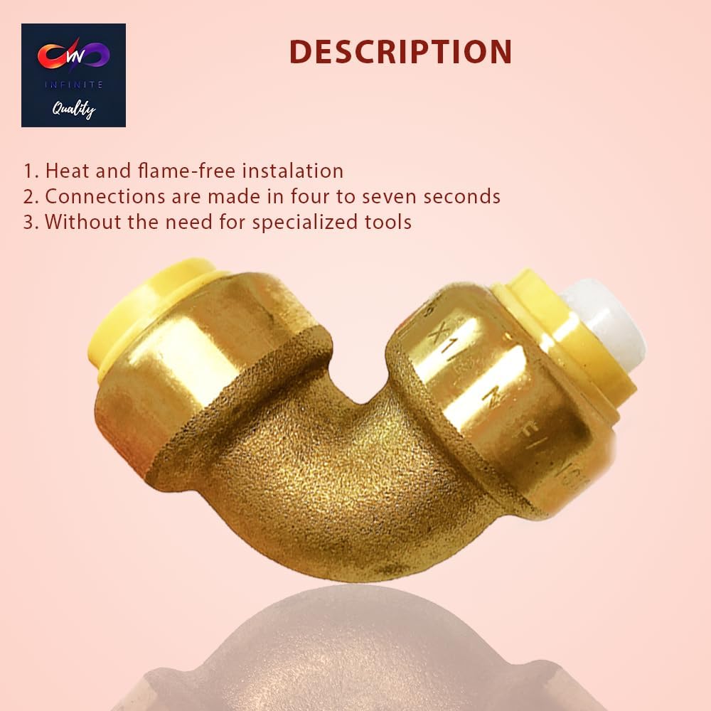 1/2" x 1/2" - 3/4" x  3/4" 90 Degree Elbow Push Fit - Plumbing Fittings - PEX Fitting - Push to Connect Brass Plumbing Fitting - For PEX Pipe Copper CPVC