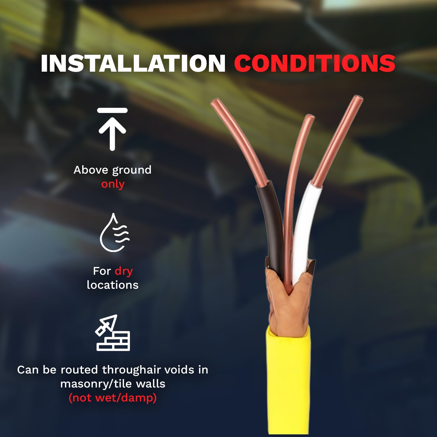 12/2 Type W/G NM-B Solid Indoor Sheathed Cable 25ft - 50ft - 100ft - 250ft Coil, Yellow Electrical Wire 12 Gauge Wire 2 Conductors Non-Metallic with Ground Wire