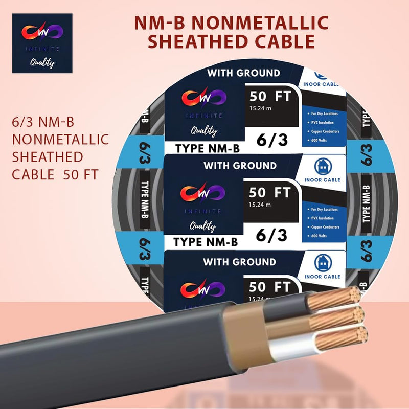 6/3 NM-B Residential Indoor Wire 15ft - 25ft - 50ft - 75ft - 100ft - 125ft Coil, Non-Metallic - Sheathed Cable Black