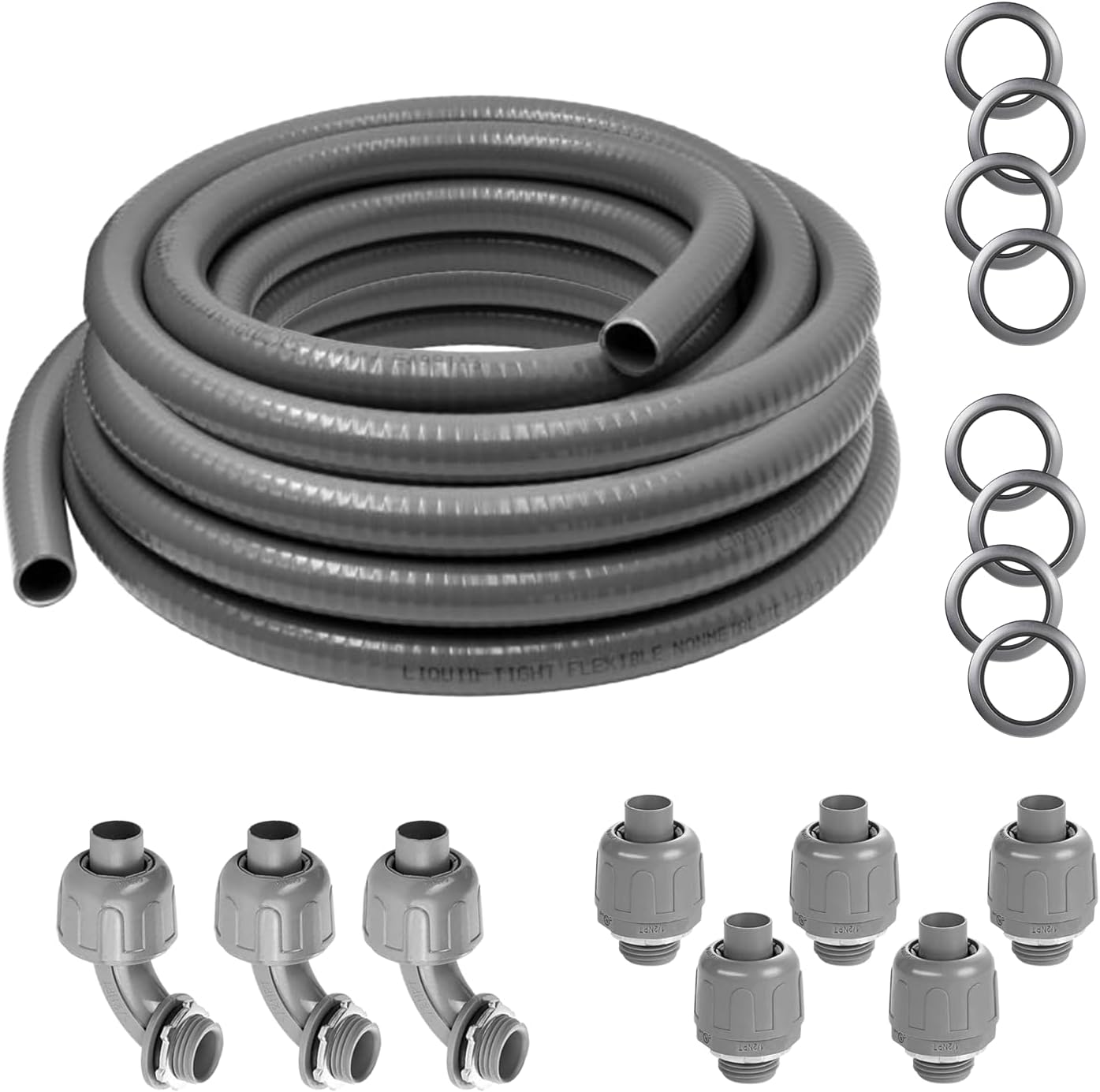 1/2"-3/4" Liquid-Tight Conduit UL Certification - Flexible Non-Metallic Liquid Tight Electrical Flexible Conduit with 5 Straight and 3 90-Degree Connector Fittings