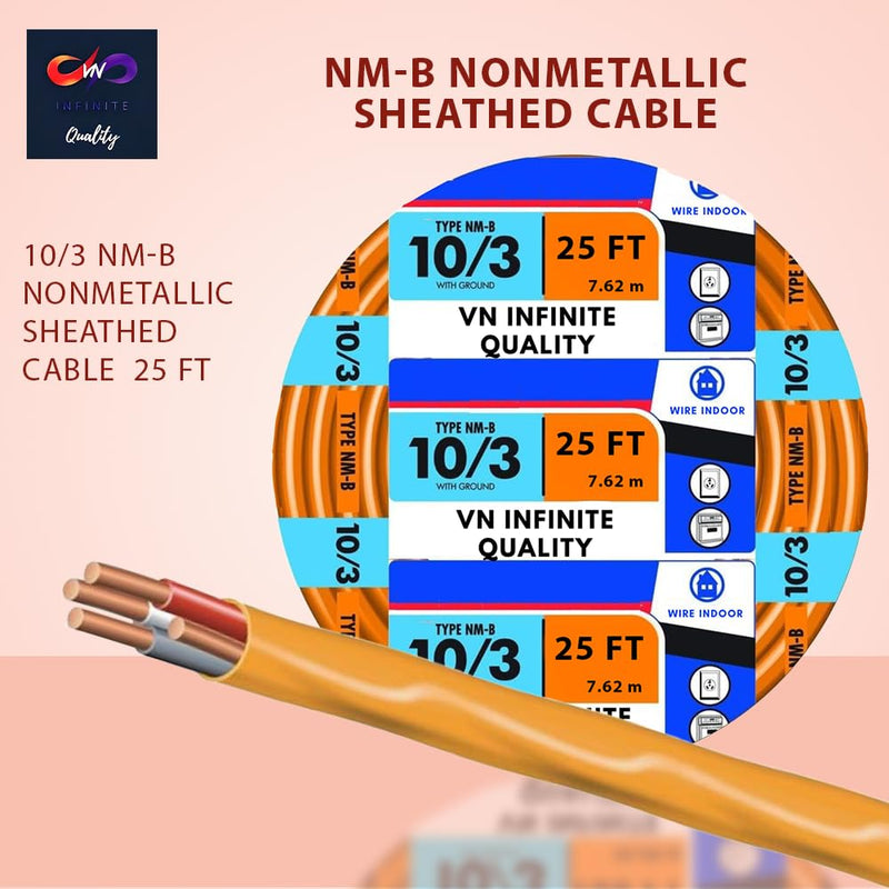 10/3 NM-B Sheathed Cable 15ft - 25ft - 50ft - 100ft Coil, Non-Metallic with Ground Residential Indoor Electrical Wire Type NM-B Orange
