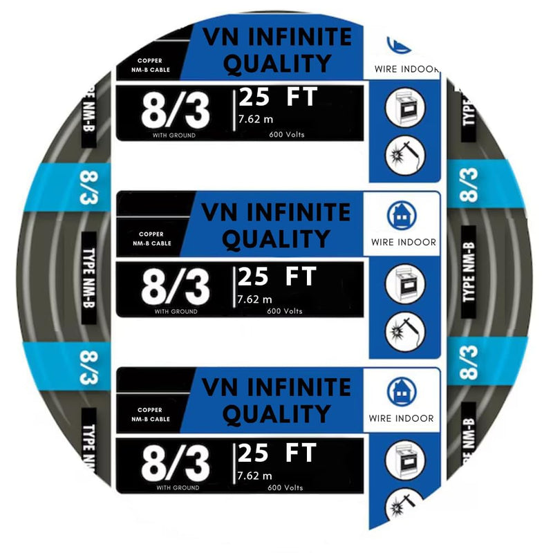 8/3 NM-B Non-Metallic Sheathed Cable Stranded Residential Indoor Wire 25ft - 50ft - 125ft Coil