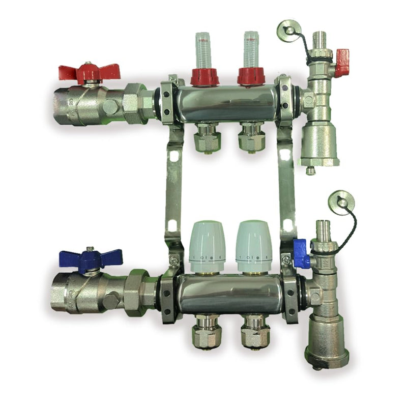 2 - 12 Loop Radiant PEX Plumbing Manifold - 1" 304 Stainless Steel Radiant Floor Heating Manifold - With 2 Wire Actuators