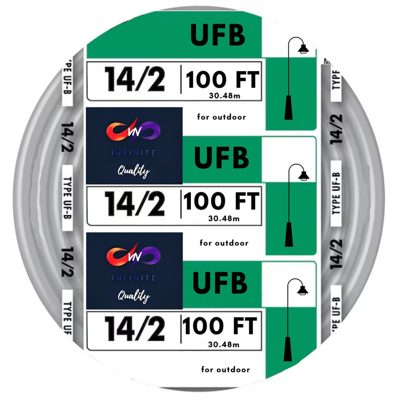 14/2 UF-B Copper Wire 14 Gauge Outdoor Direct Burial Electrical Underground Cable 14AWG 2 Connector Insulated Jacket Gray 25ft-50ft-100ft