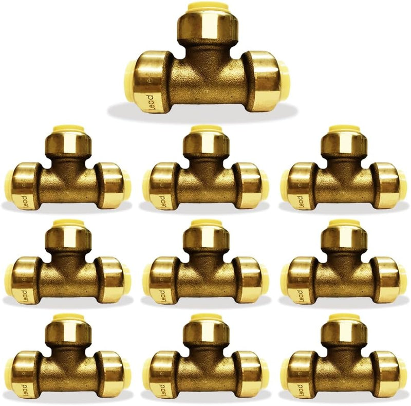 1/2" - 3/4" - Push Fit Plumbing Tee - Push to Connect Brass Plumbing Fittings - Fitting to Connect PEX, Copper, CPVC