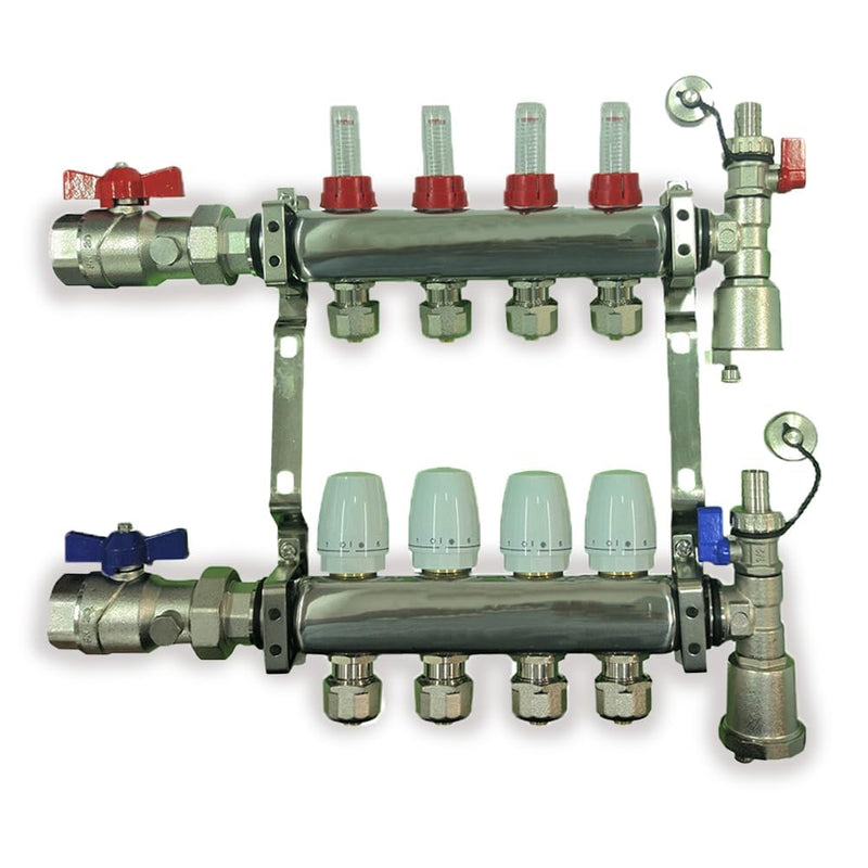 2 - 12 Loop Radiant PEX Plumbing Manifold - 1" 304 Stainless Steel Radiant Floor Heating Manifold - With 2 Wire Actuators