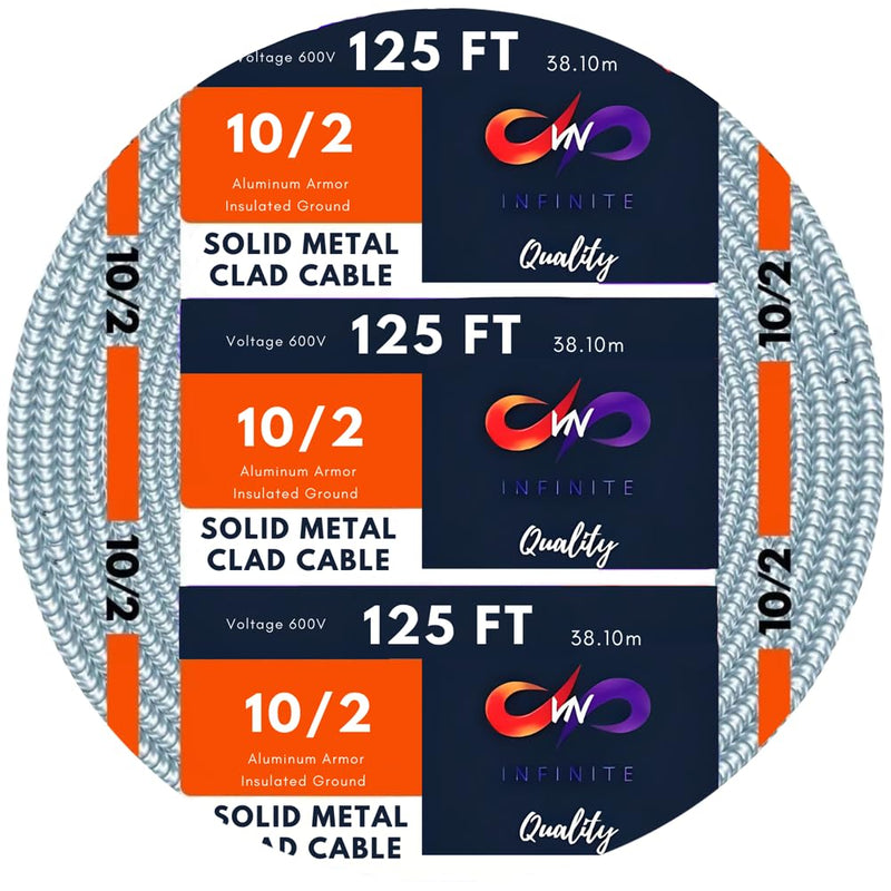 MC Cable 10/2 - Metal Clad 25ft - 50ft - 100ft - 125ft Coil, Aluminium Armor Solid Copper Conductor - Cable for Indoor