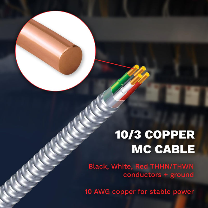 MC Cable 10/3 - Metal Clad 25ft - 50ft - 100ft - 125ft, Coil Aluminium Armor Stranded Copper Conductor - Cable for Indoor