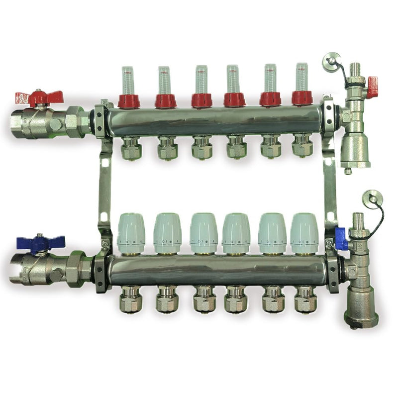 2 - 12 Loop Radiant PEX Plumbing Manifold - 1" 304 Stainless Steel Radiant Floor Heating Manifold - With 2 Wire Actuators