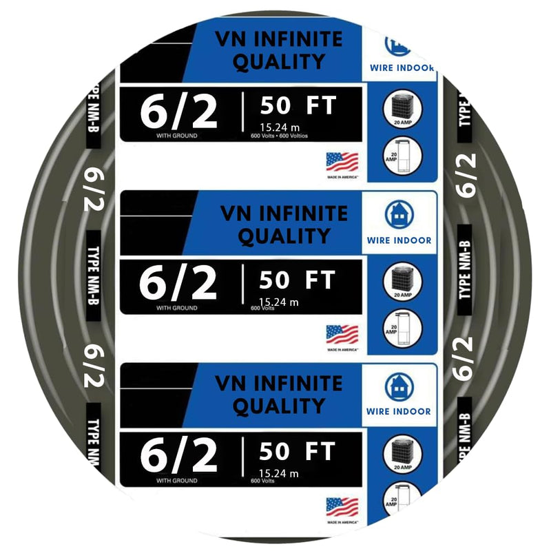 6/2 NM-B Non-Metallic Residential Indoor Wire Nonmetallic with Ground Sheathed Cable 25ft - 50ft Coil
