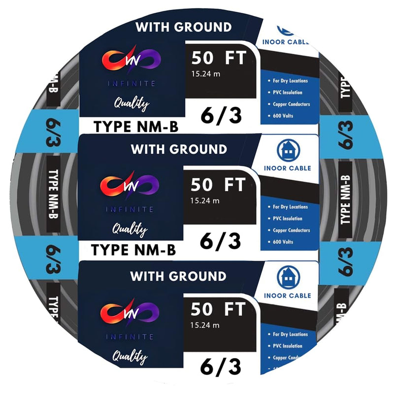 6/3 NM-B Residential Indoor Wire 15ft - 25ft - 50ft - 75ft - 100ft - 125ft Coil, Non-Metallic - Sheathed Cable Black