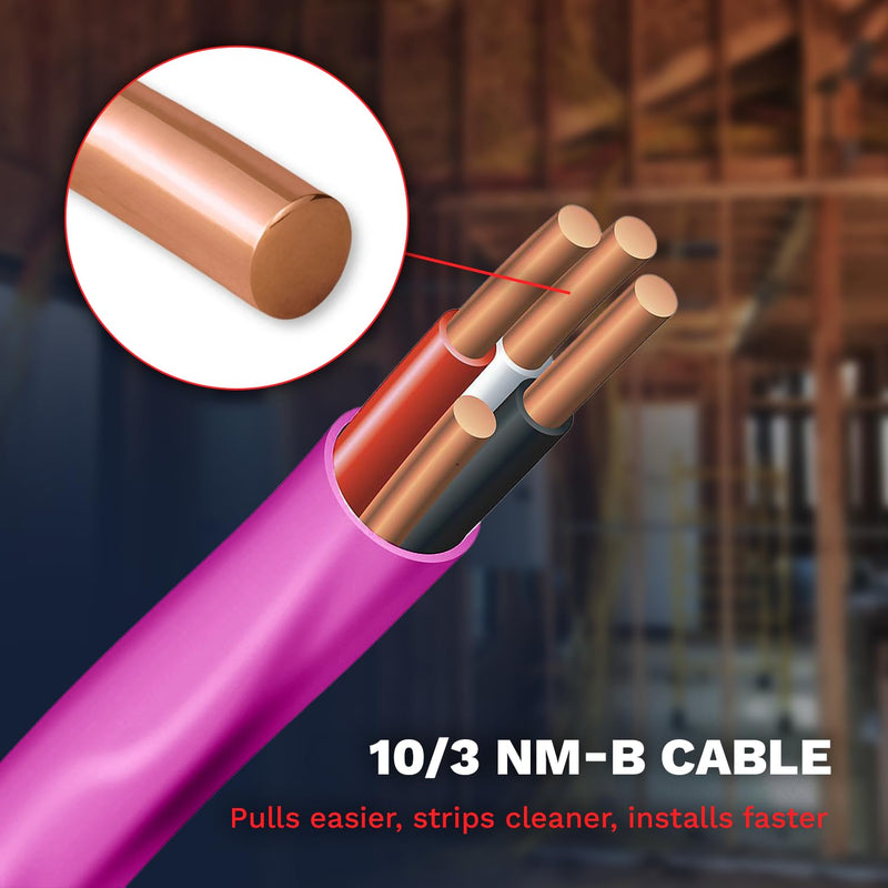 10/3 NM-B Copper Electrical Wire 10 Gauge 25ft - 50ft - 75ft - 100ft Coil, 3 Conductors with Groun Non-Mettalic, Sheathed Cable, Residential Indoor Pink