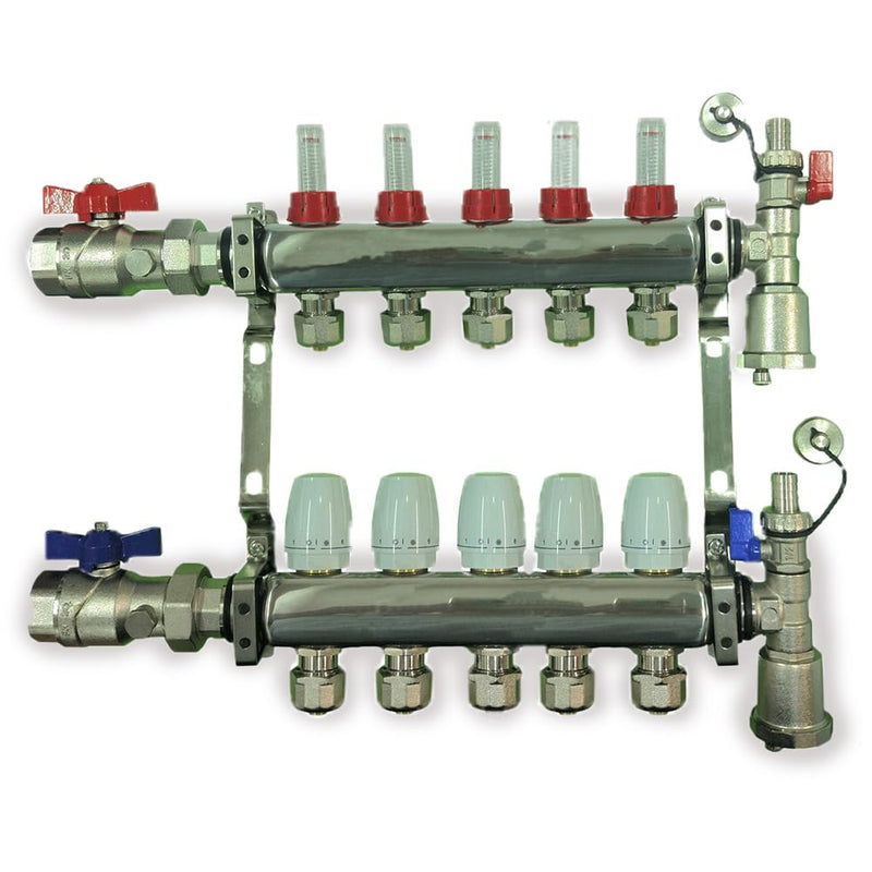 2 - 12 Loop Radiant PEX Plumbing Manifold - 1" 304 Stainless Steel Radiant Floor Heating Manifold - With 2 Wire Actuators
