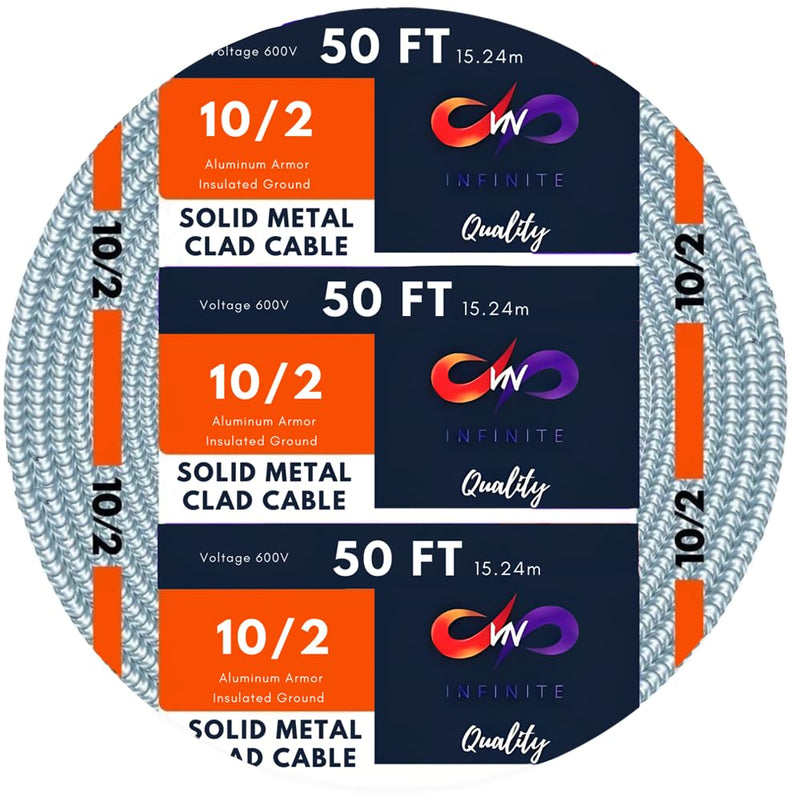MC Cable 10/2 - Metal Clad 25ft - 50ft - 100ft - 125ft Coil, Aluminium Armor Solid Copper Conductor - Cable for Indoor