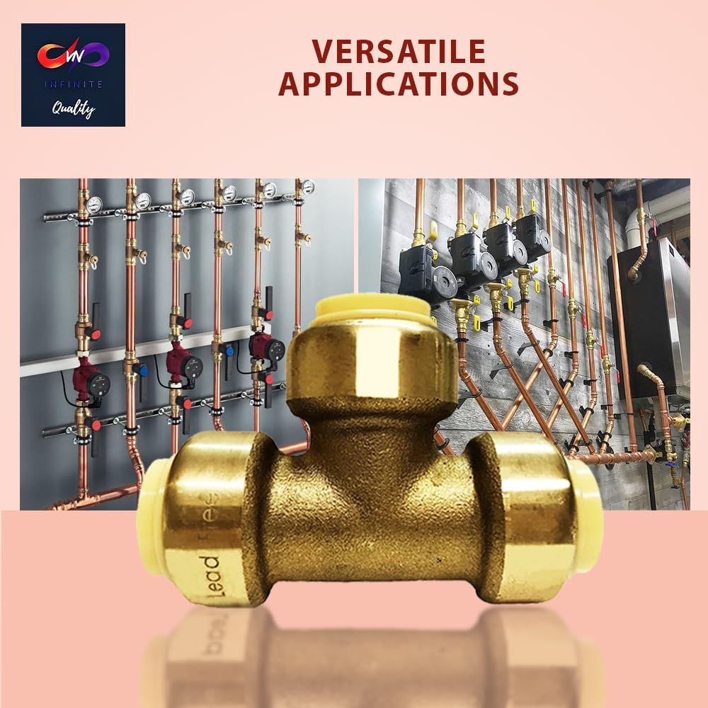 1/2" - 3/4" - Push Fit Plumbing Tee - Push to Connect Brass Plumbing Fittings - Fitting to Connect PEX, Copper, CPVC