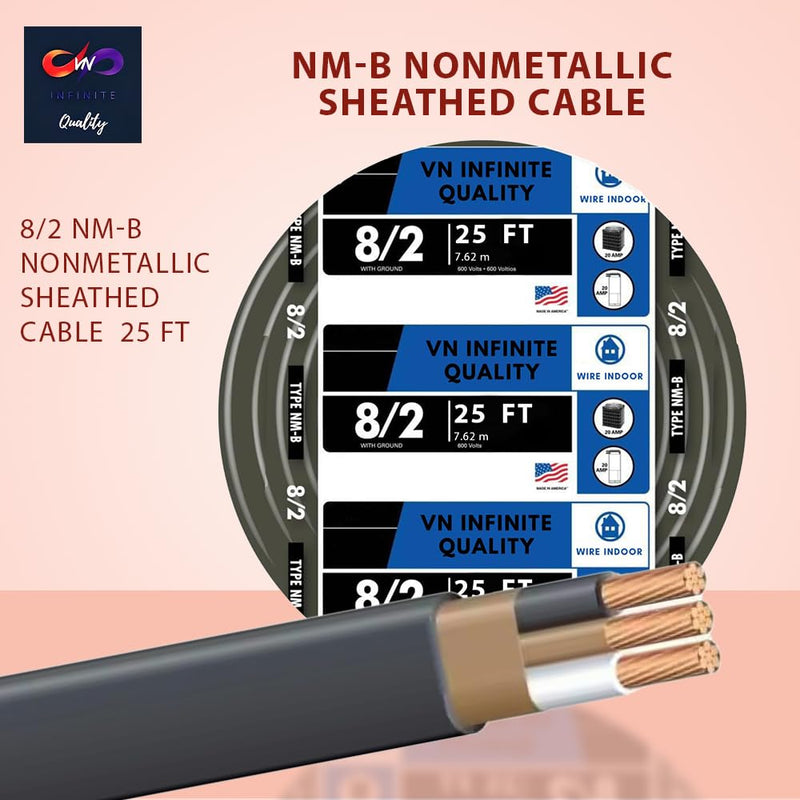 8/2 NM-B Nonmetallic with Ground Sheathed Cable 25ft - 50ft - 75ft - 100ft - 125ft Coil Residential Indoor Wire