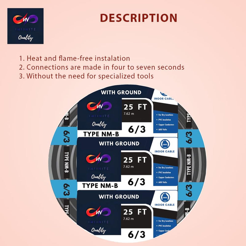 6/3 NM-B Residential Indoor Wire 15ft - 25ft - 50ft - 75ft - 100ft - 125ft Coil, Non-Metallic - Sheathed Cable Black