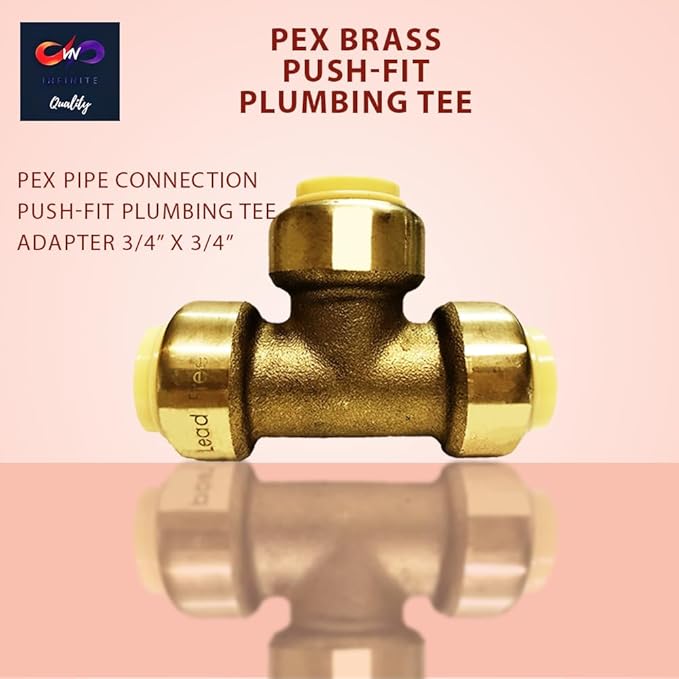 1/2" - 3/4" - Push Fit Plumbing Tee - Push to Connect Brass Plumbing Fittings - Fitting to Connect PEX, Copper, CPVC
