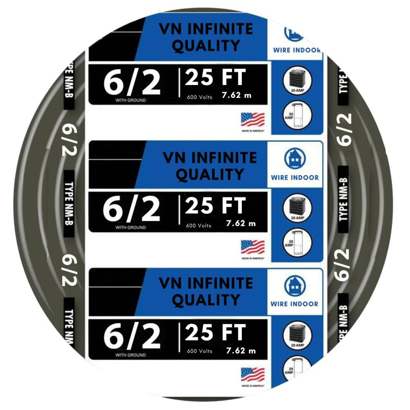 6/2 NM-B Non-Metallic Residential Indoor Wire Nonmetallic with Ground Sheathed Cable 25ft - 50ft Coil