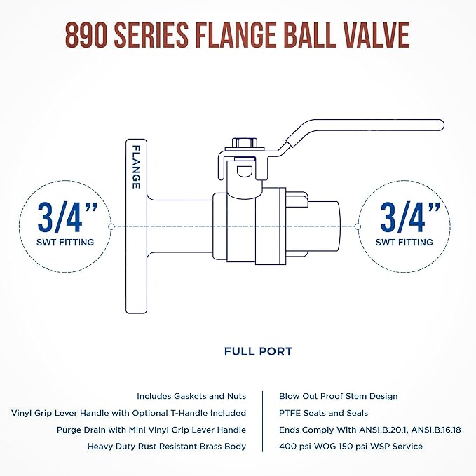 3/4" Full Port Ball Valve with Flange - Brass Ball Valve with Flange - Full Port Ball Valve - SWT