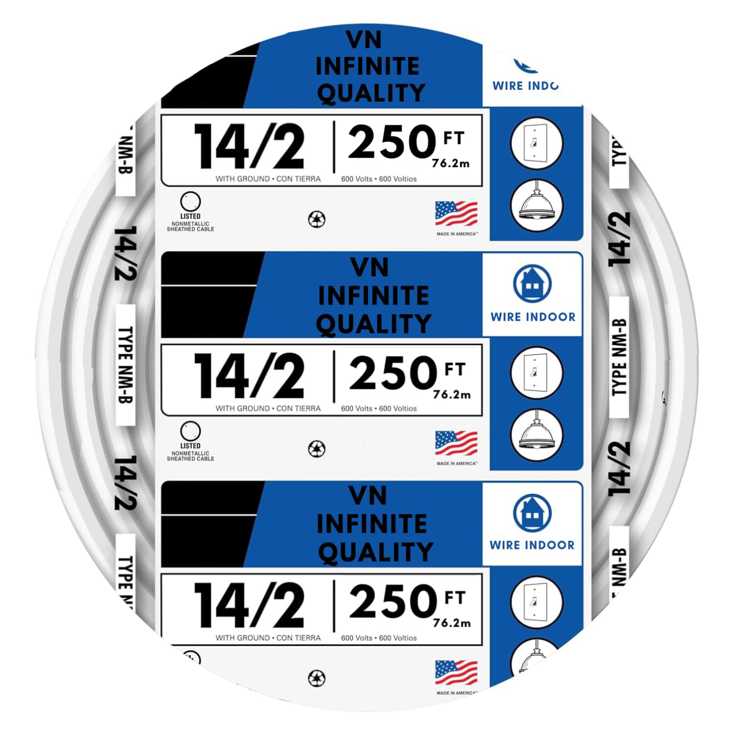 Solid Indoor Wire 14/2 W/G NMB Cable 25ft-50ft-250ft Coil - Copper Building Wire Cable SW 28827423