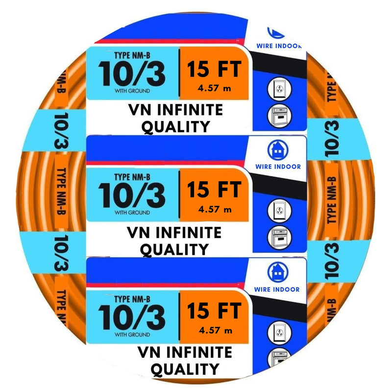 10/3 NM-B Sheathed Cable 15ft - 25ft - 50ft - 100ft Coil, Non-Metallic with Ground Residential Indoor Electrical Wire Type NM-B Orange