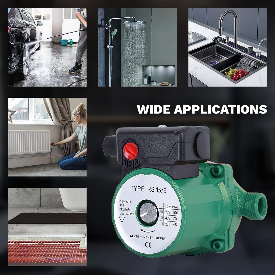 110V 130W Water Pressure Booster Pump 3-Speed Cast Iron Hot Water Circulation Recirculating Pump 3/4 NPT for Floor Boiler Hot Water Heater System (RS15/6-130 Green)