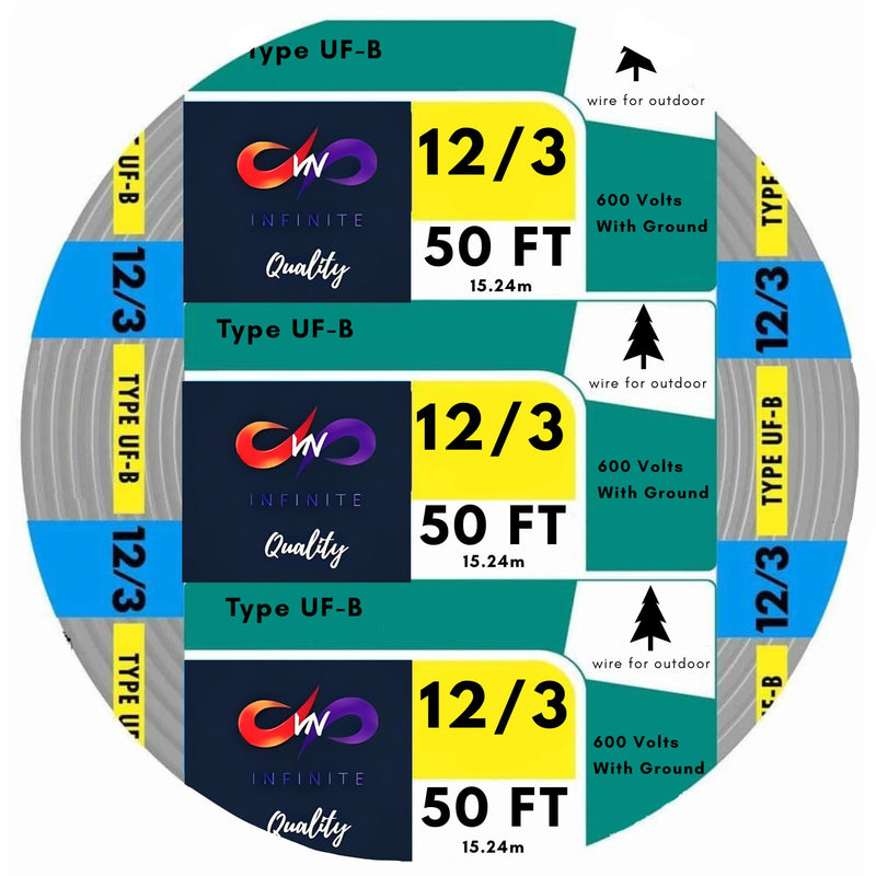 Electrical Wire 12/3 UF-B Underground Feeder and Branch Circuit Cable, 25ft - 50ft Coil, Gray Cable Outdoor and Indoor Wire