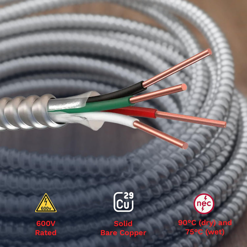 12/3 Metal Clad MC Cable 12-Gauge 3-Conductor Electric Wire with Aluminum Armor Cable with Ground for Indoor Outdoor 250 ft