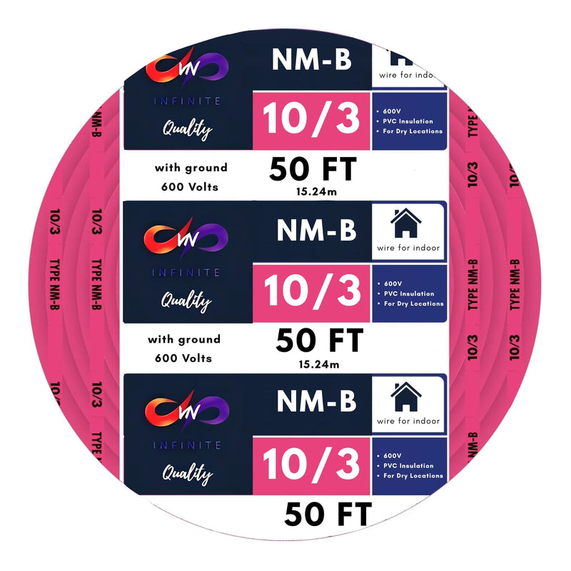 10/3 NM-B Copper Electrical Wire 10 Gauge 25ft - 50ft - 75ft - 100ft Coil, 3 Conductors with Groun Non-Mettalic, Sheathed Cable, Residential Indoor Pink