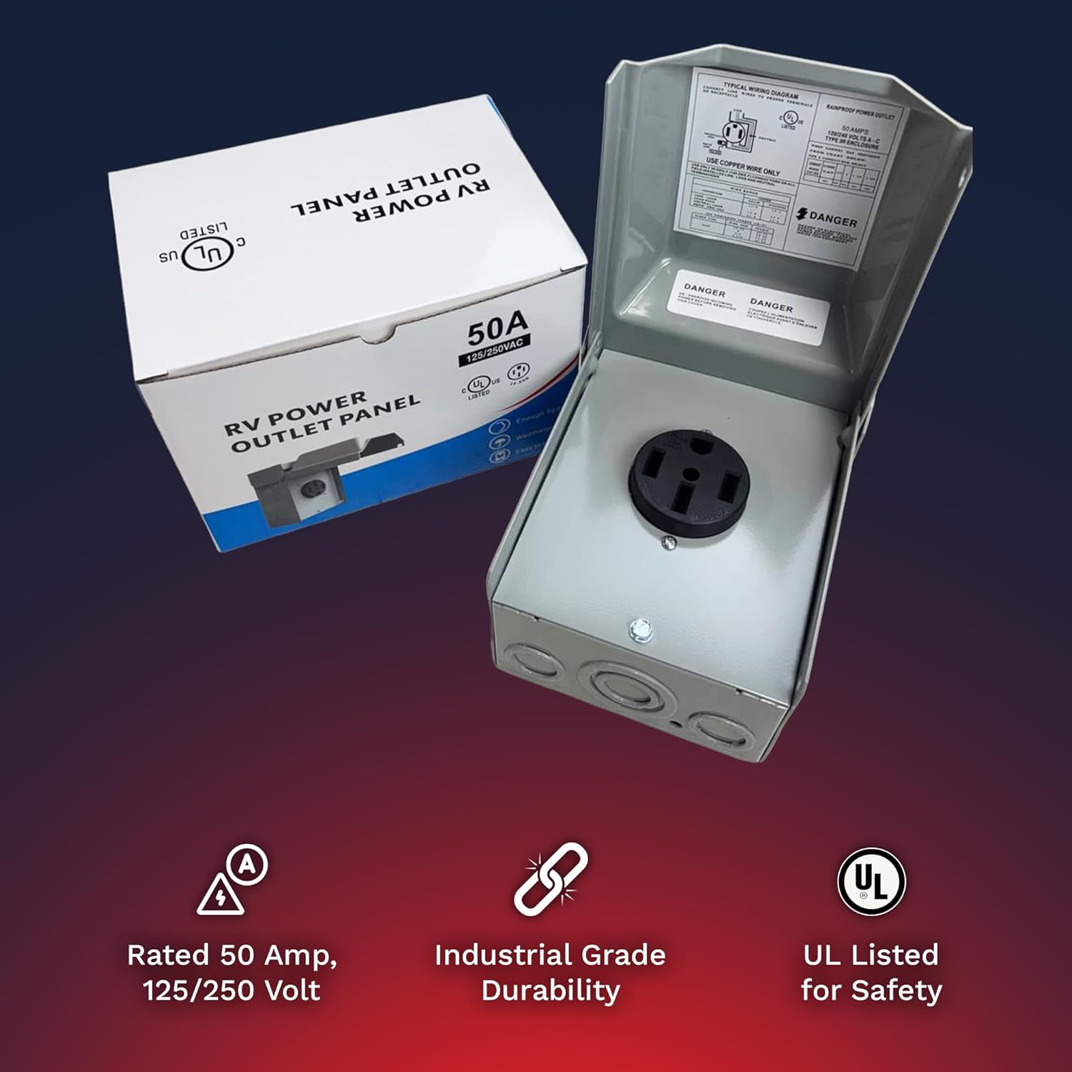 50 Amp RV Power Outlet Panel Box 120/240V A-C Type 3R Enclosure 14-50R Lockable Weatherproof Outdoor Electrical NEMA 14-50R Receptacle Panel, ETL Listed