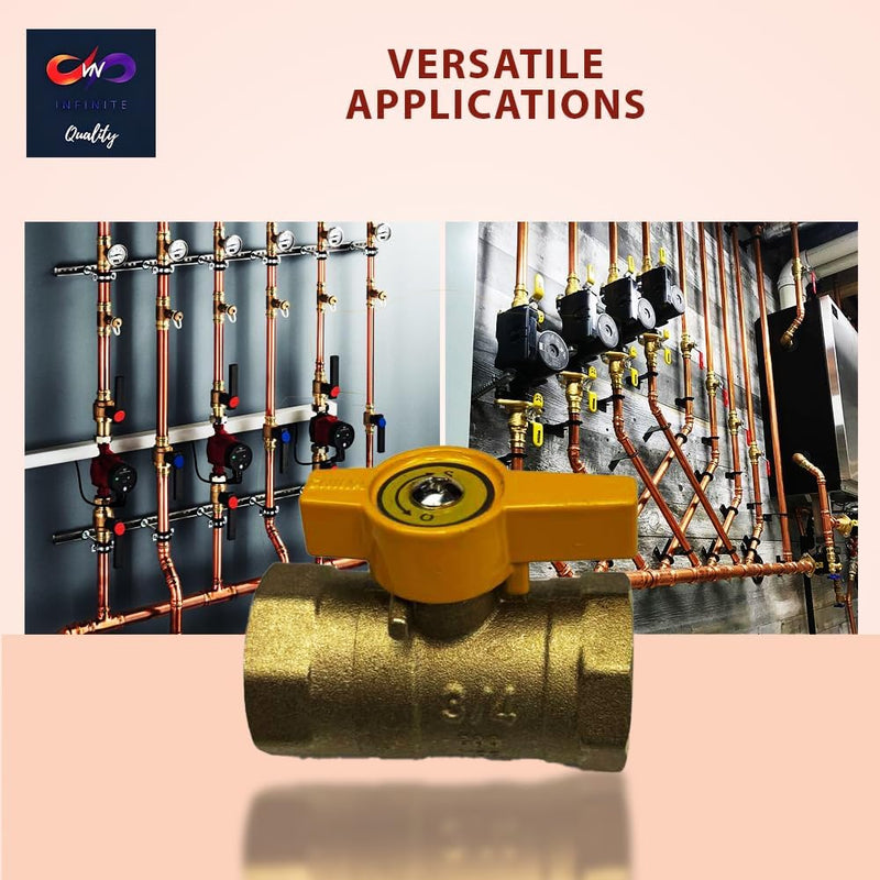 Gas Shut Off Ball Valve 3/4" FIP x 3/4" FIP Brass Heavy Duty Fittings for Gas Systems Connectors Quarter Turn Indoor & Outdoor Appliances