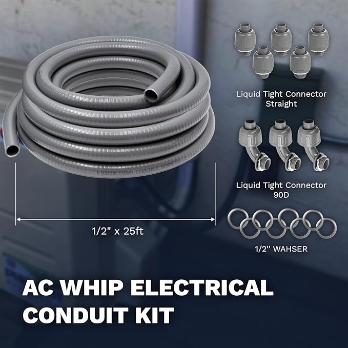 1/2"-3/4" Liquid-Tight Conduit UL Certification - Flexible Non-Metallic Liquid Tight Electrical Flexible Conduit with 5 Straight and 3 90-Degree Connector Fittings