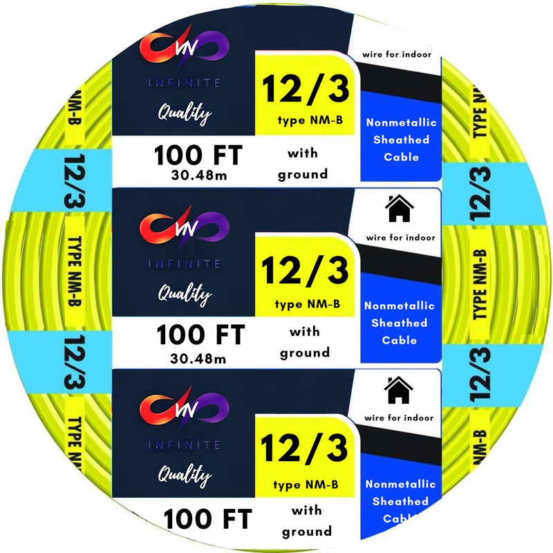 Solid Indoor Wire 12/3 W/G NMB Cable 25ft - 50ft - 100ft Coil, Residential Indoor Electrical Wire Type NM-B; Yellow SW# 63947622