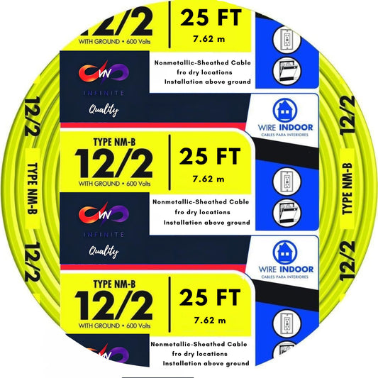 12/2 Type W/G NM-B Solid Indoor Sheathed Cable Yellow Electrical Wire 12 Gauge Wire 2 Conductors Non-Metallic with Ground Wire