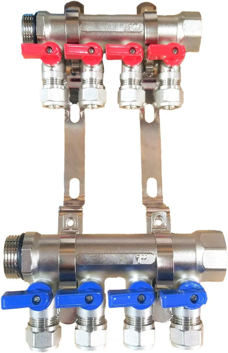 2 - 12 Loops Ball Valve Brass Pex Manifold 1" trunk for 1/2" Pex Tubing w/brackets