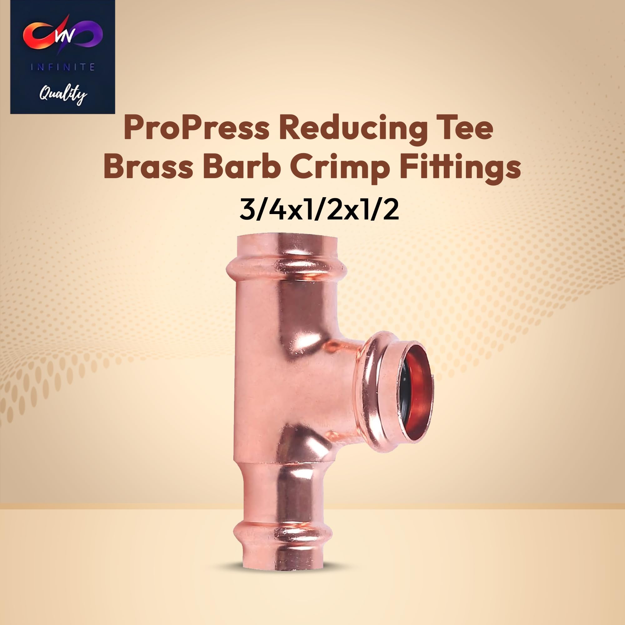 Propress - 3/4"x1/2"x1/2"  - 3/4"x3/4"x1/2" - Reducing Tee Brass Barb Crimp Fittings - Propress Pex Crimping Tool Fittings - Brass Crimp Fittings For Pex Tubing Connection