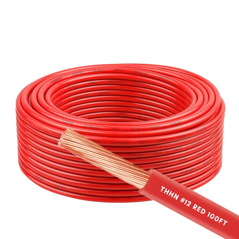 12AWG THHN Wire 12 Gauge 100 FT OFC Copper Electrical Stranded Copper Conductor 600V Building Wire with PVC Nylon Insulation Red 100 ft